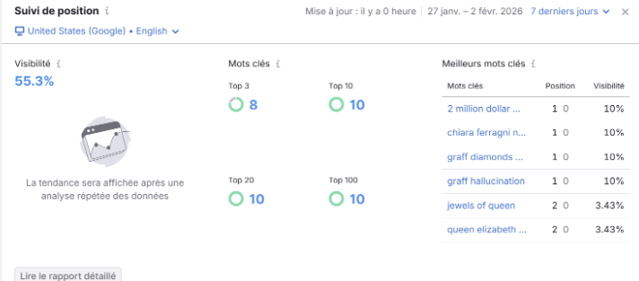 The SERP position analysis shows a visibility rate of 55.3%, indicating moderate to good search engine presence. 
The website ranks strongly for its main keywords, with 8 terms in the top 3 and 10 in the top 10. Most of the best-performing keywords are brand-related or niche luxury queries. 
However, the limited number of tracked keywords suggests restricted semantic coverage.  
