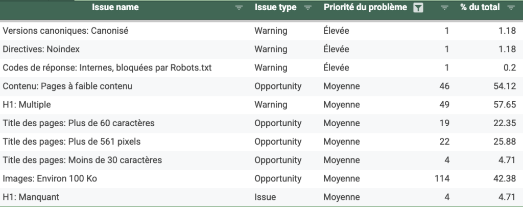 Screenshot: crawl errors & issues sheet — medium & high priority