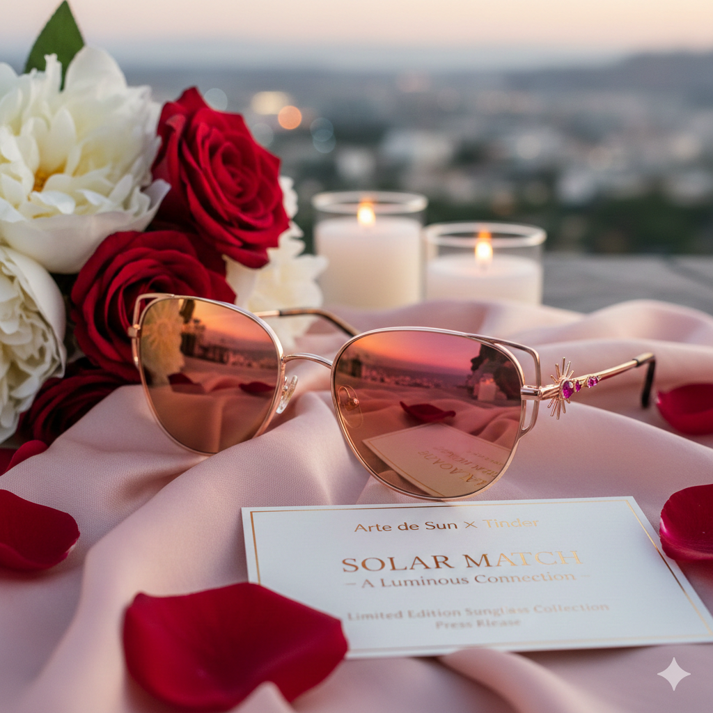 Arte DeSun x Tinder Solar Match Collection — four luxury sunglasses designs inspired by modern dating stages, displayed against a warm golden background.
