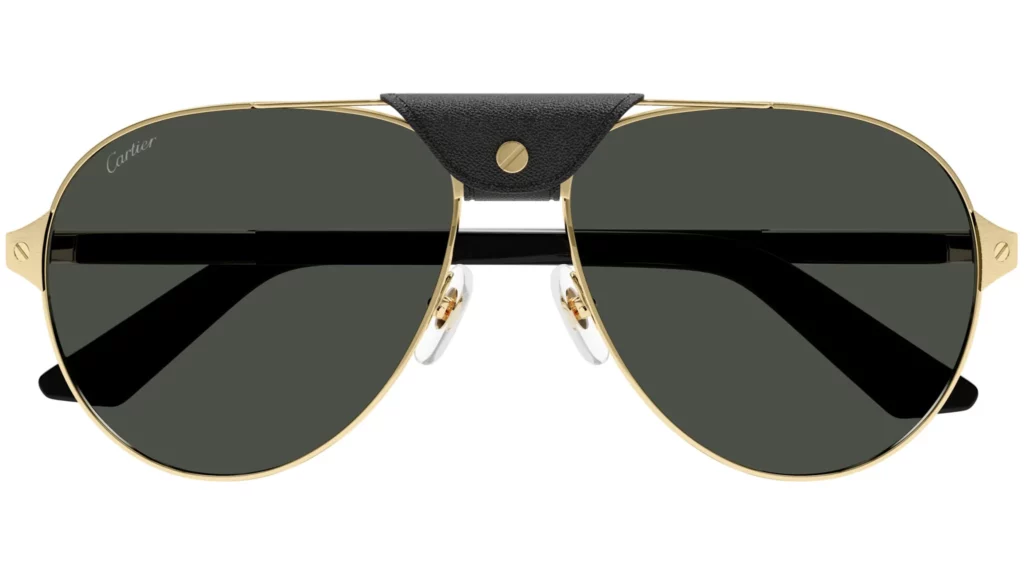 Cartier Santos sunglasses featuring gold accents and architectural lines, inspired by the iconic Santos de Cartier watch.