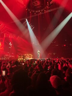 Photo of the artist Burna Boy singing on stage in front of the audience, surrounded by red lights.