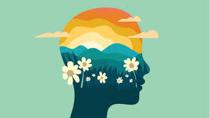 Drawing of the head of a person with flowers and montains.