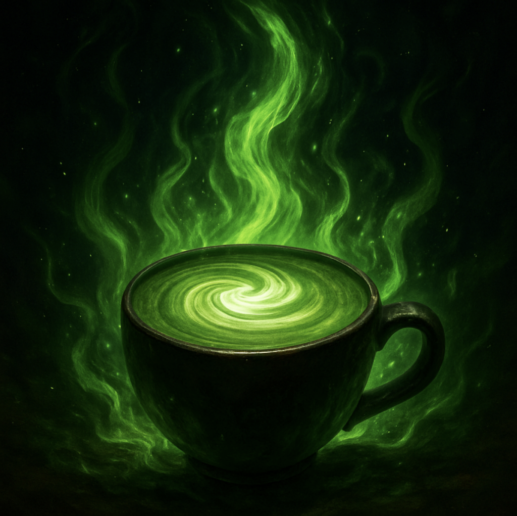 matcha latte with green flames