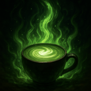 matcha latte with green flames