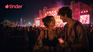 Students using Tinder Festival Mode at a European music festival