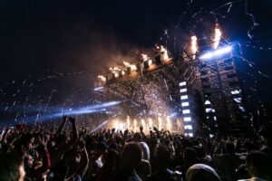 Colorful music festival crowd at an affordable European festival