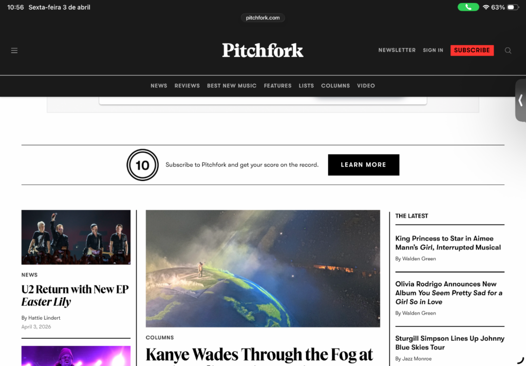 Homepage of Pitchfork